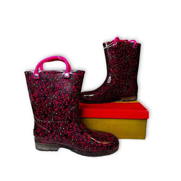 Jelly Beans Girls Leopard Rain Boots Fuchsia Pink Size 3 New in Box - Picture 2 of 8